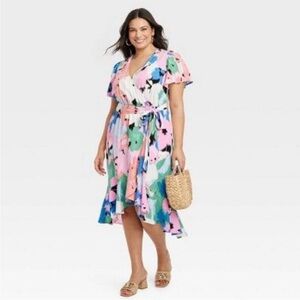Ava & Viv Pink Blue White Abstract Colorful Floral Wrap Dress